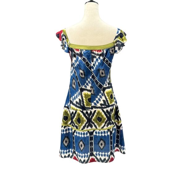Burning Torch Colorful Ikat Print Embellished Square Neck 100% Silk Dress - Picture 3 of 11
